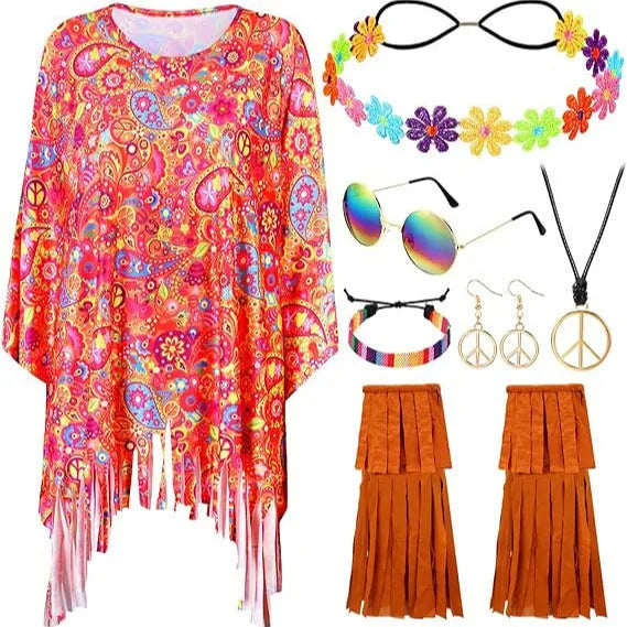 Colourful tie dye printed sleeveless cloak costume for Halloween, shown in rainbow colours.