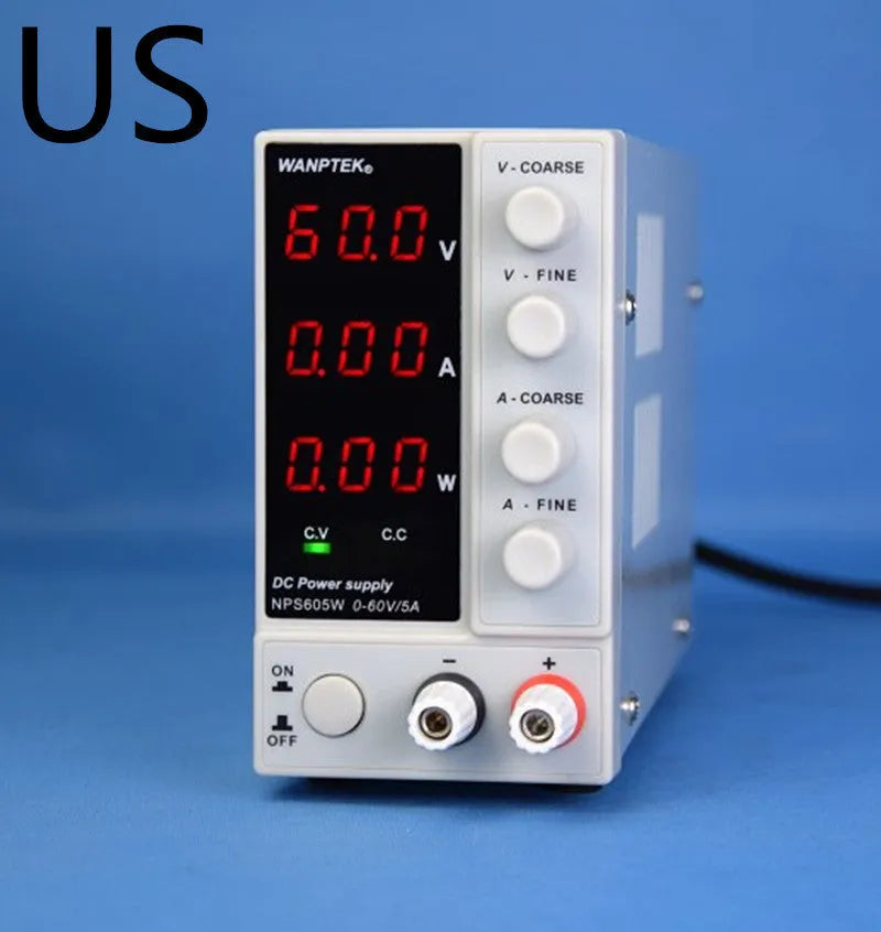 White bench power supply unit with digital display for electronics testing and mobile phone repair