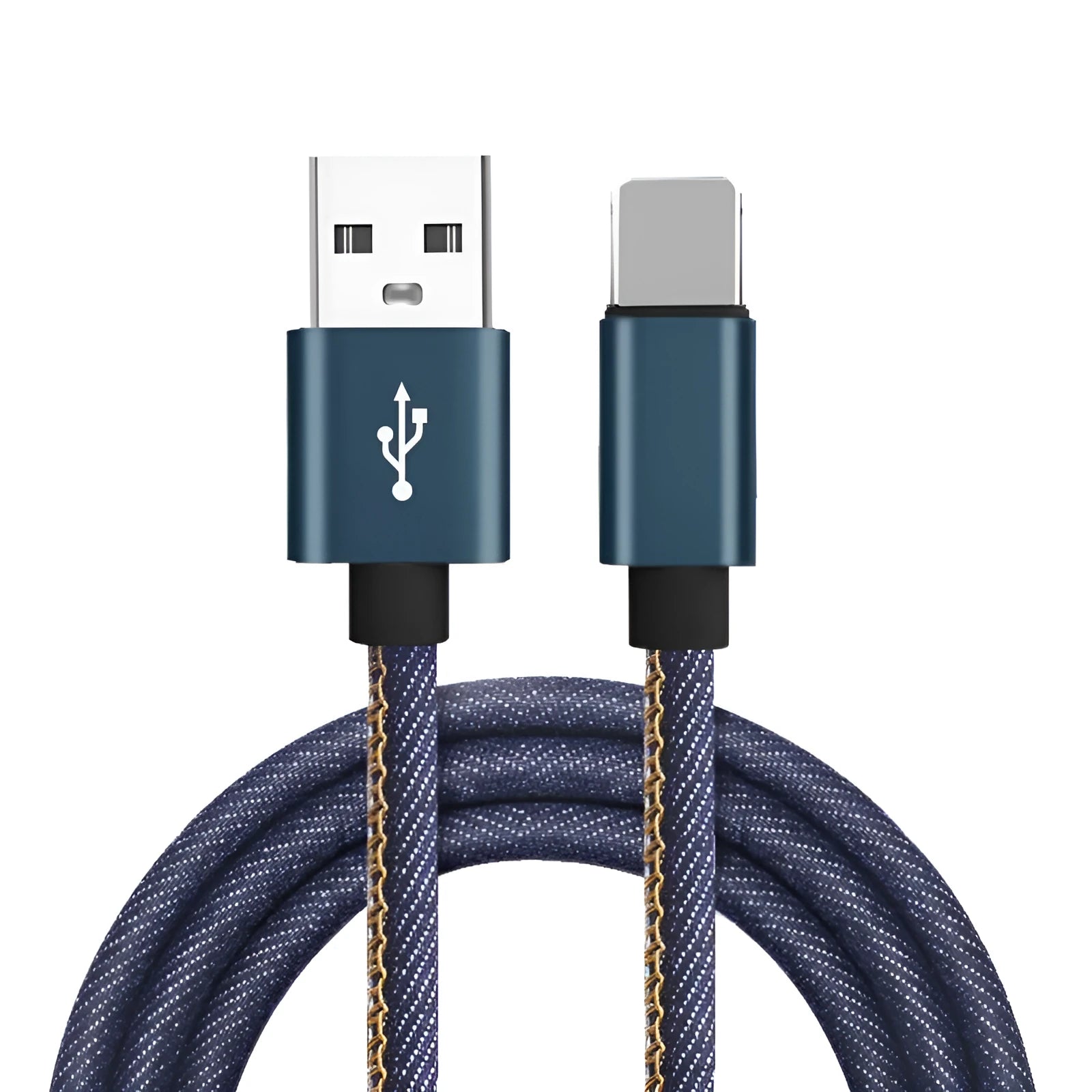 Denim fabric Type-C charging cable with aluminium alloy connectors in black, blue or red colour