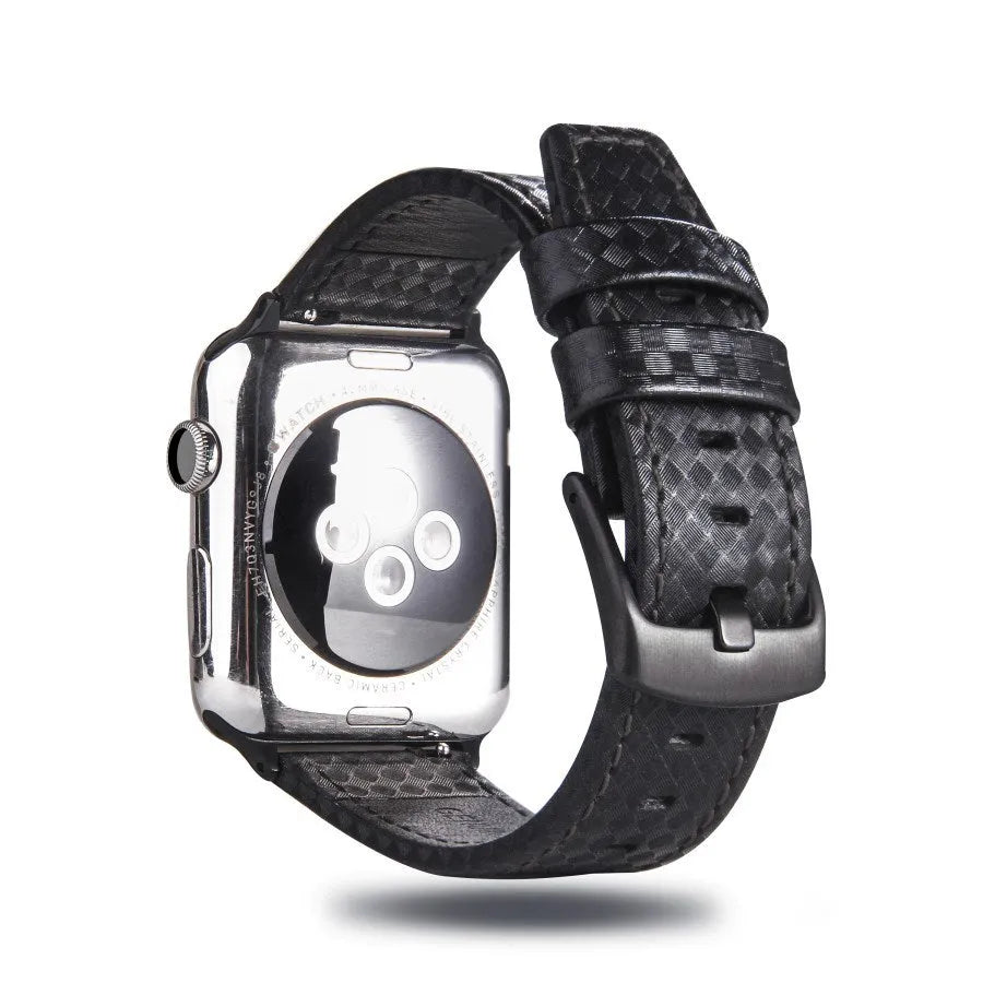 Carbon fibre and leather Apple Watch strap with patterned PC case in red, black, blue, and orange.