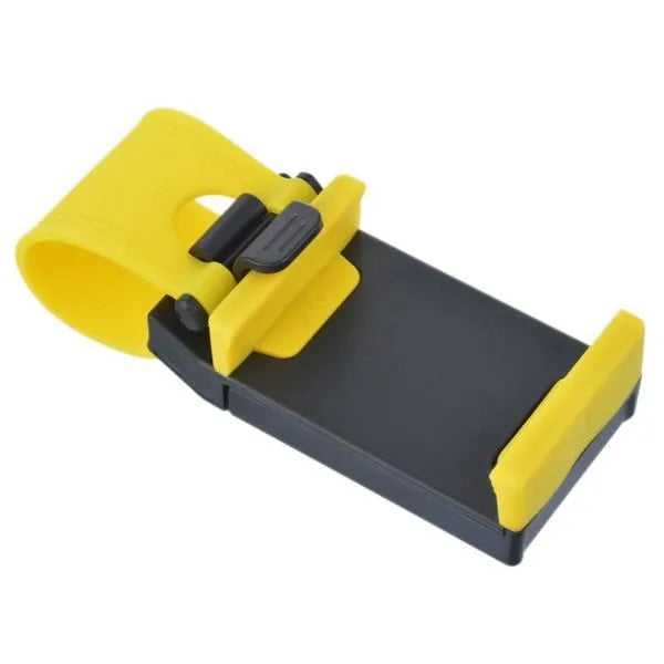 Black steering wheel phone clip mount holding smartphone for car navigation