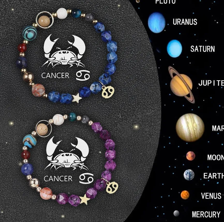 Natural stone bead zodiac bracelet set showing all twelve astrological signs