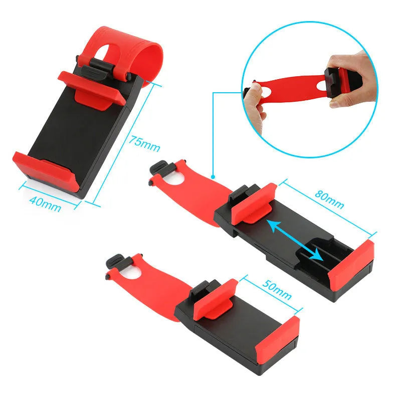 Black car steering wheel clip mount holder with phone attached showing adjustable gooseneck arm