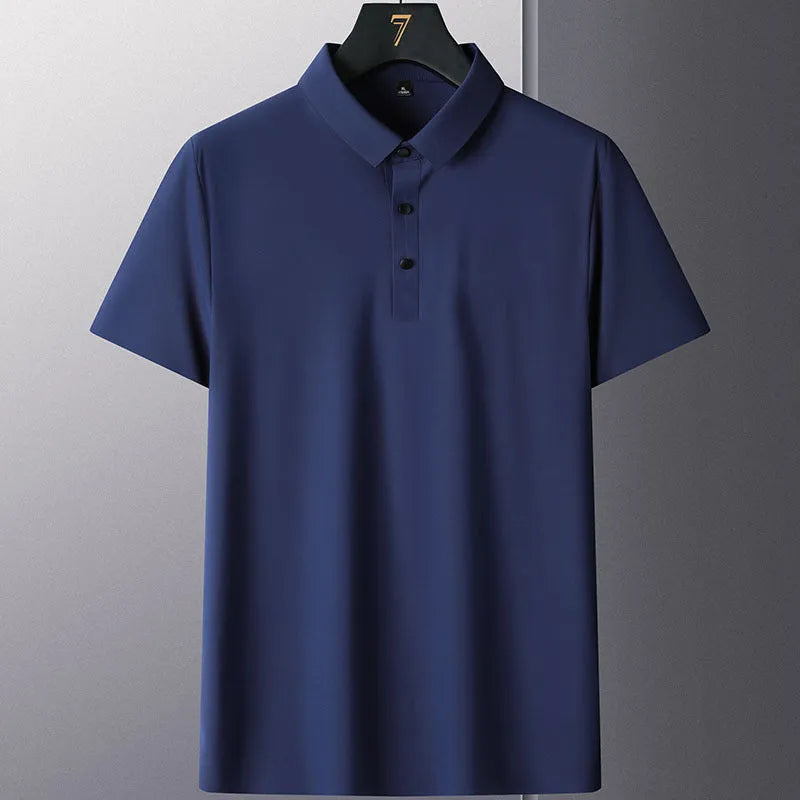Men's solid colour non-ironing business casual short sleeve shirt on a hanger.