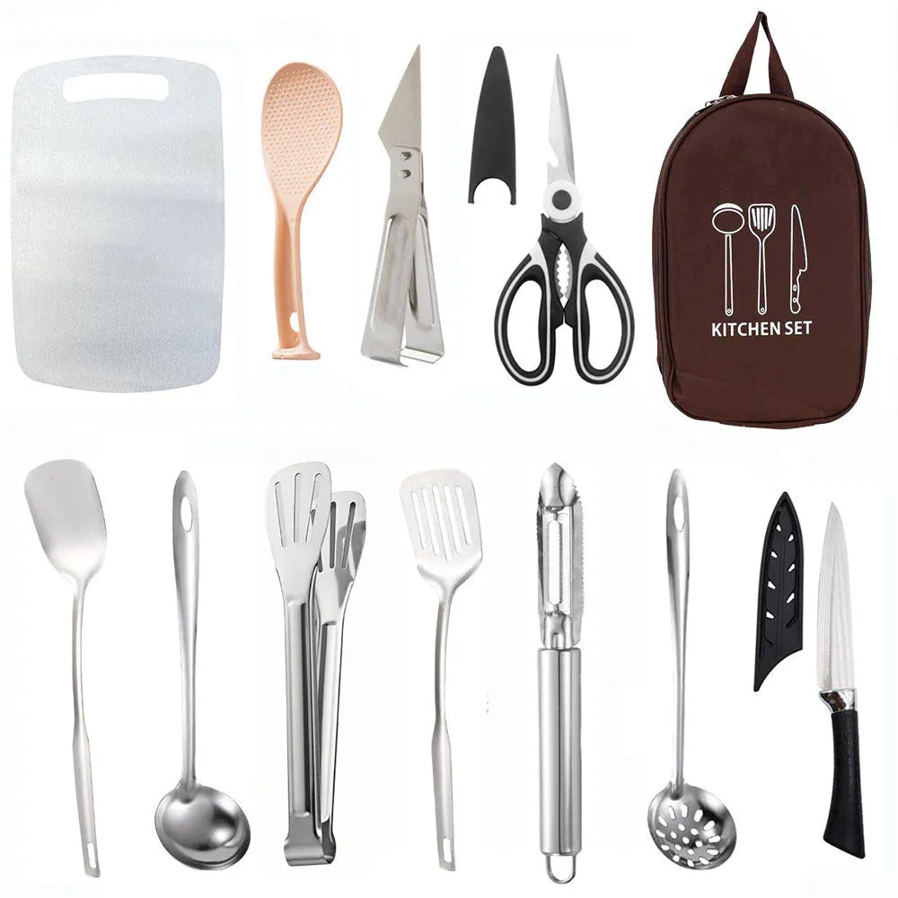 12-piece stainless steel picnic kitchenware set in khaki green brown storage bag for outdoor dining