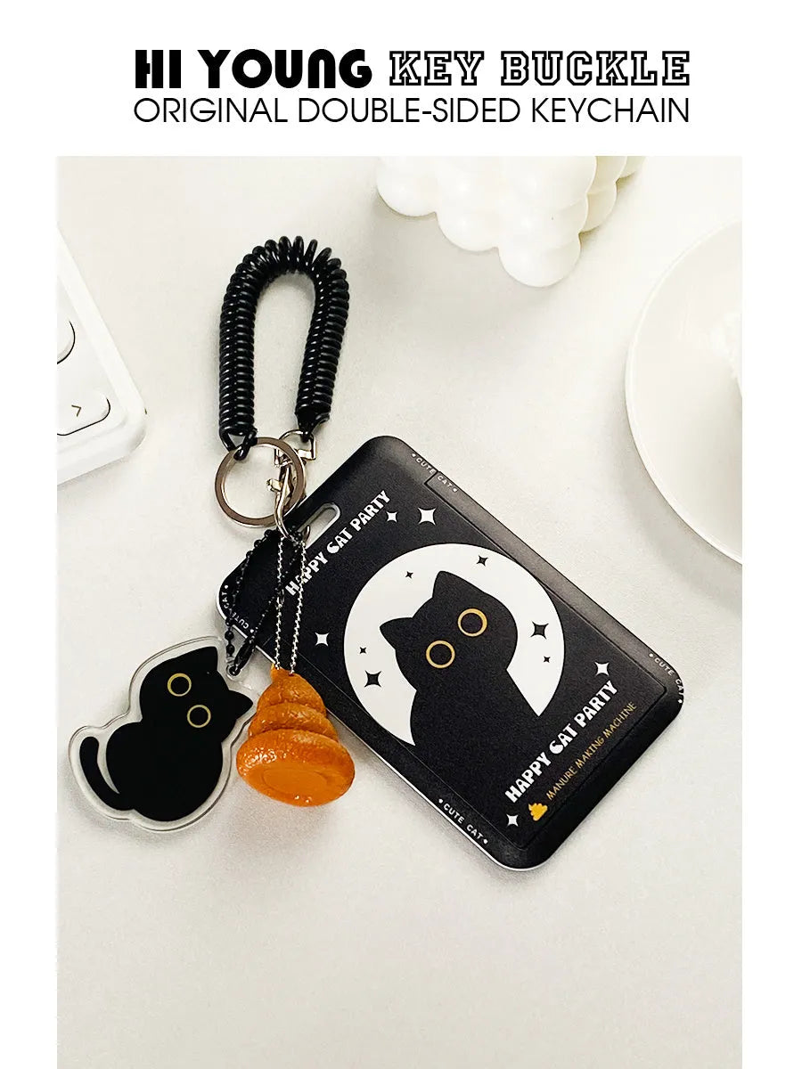 Cute black cat cartoon plastic card holder with retractable clip and ferrule pendant.
