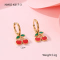 Cherry jewellery set showing necklace, bracelet, earrings and ring with geometric fruit designs on stainless steel chains