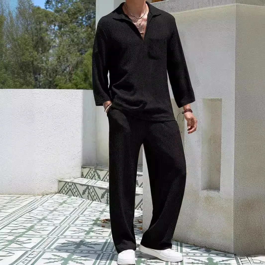 Men's casual shirt trousers suit in lake blue colour, two-piece set for autumn leisure wear