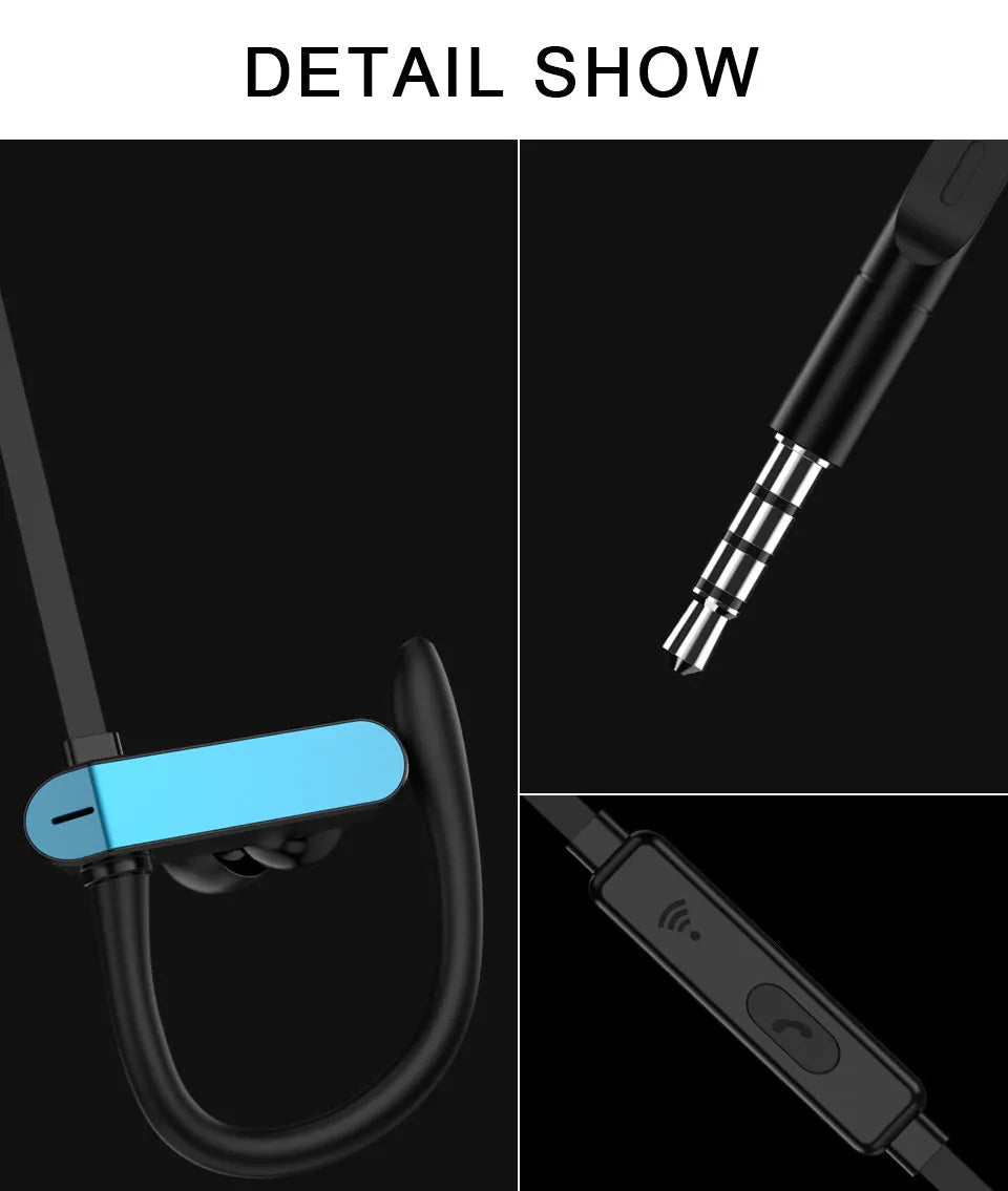 Sport ear hook earbuds with flexible hooks and gel silicone tips in black blue colour variant