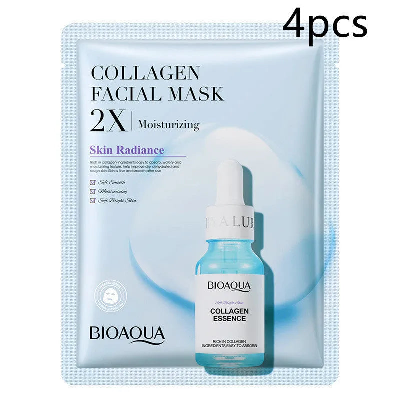 Single-use gel facial sheet mask in packaging, 30g collagen or hyaluronic acid formula.
