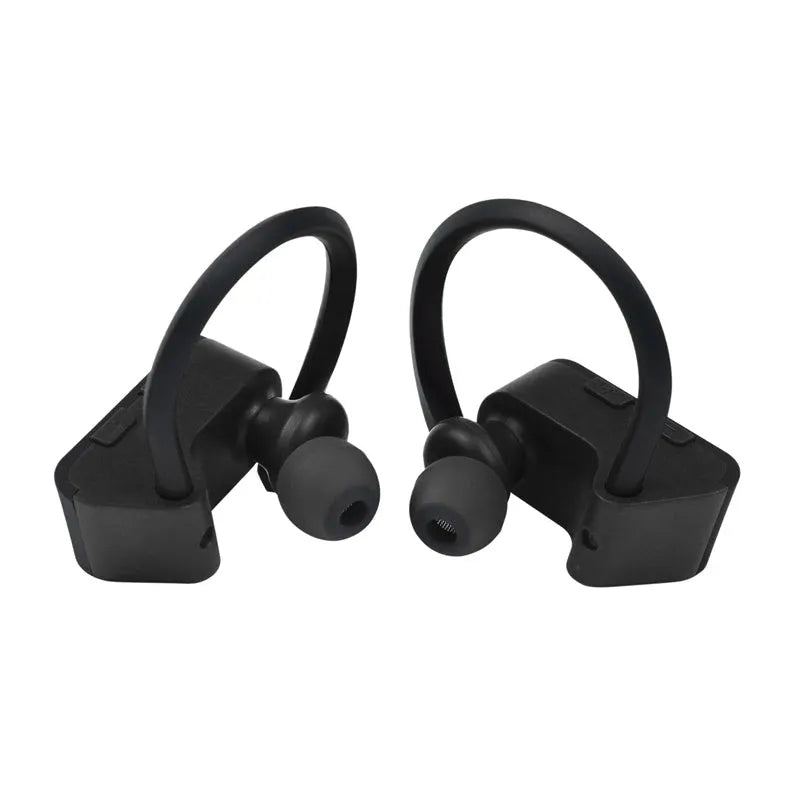 Black wireless Bluetooth earphone with ergonomic design showing LED indicator and button controls