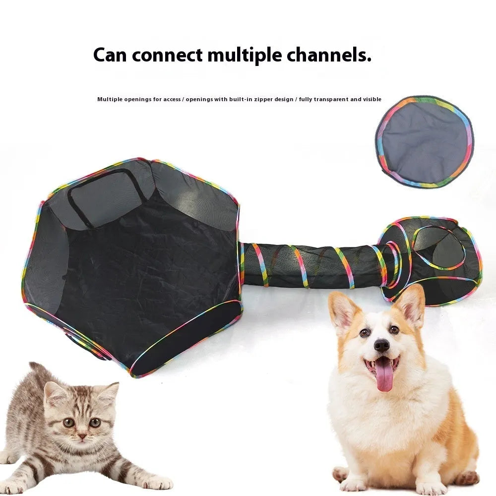 Foldable mesh cat roll cage showing square, hexagonal, tent, tee, and long straight shape options
