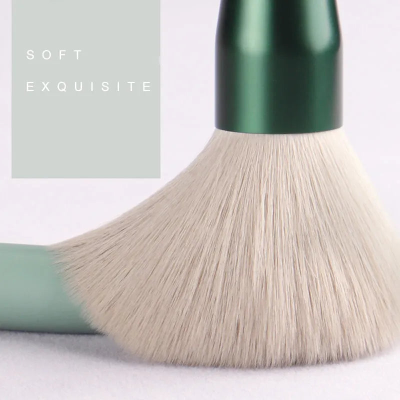 Green 13-piece makeup brush set with fibre wool bristles metal aluminium ferrules and natural wood handles