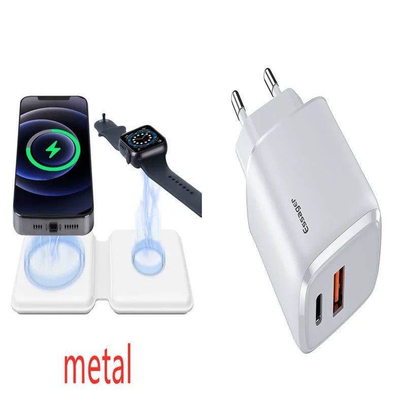 White 2 in 1 magnetic wireless charging dock with foldable design and dual charging surfaces
