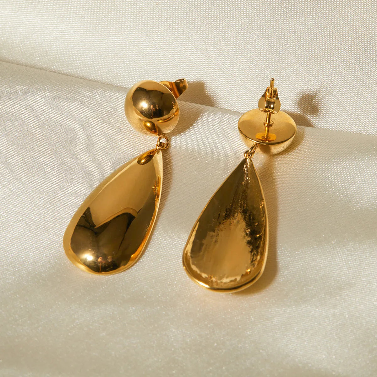 Gold tone stainless steel hemisphere water drop pendant earrings geometric design