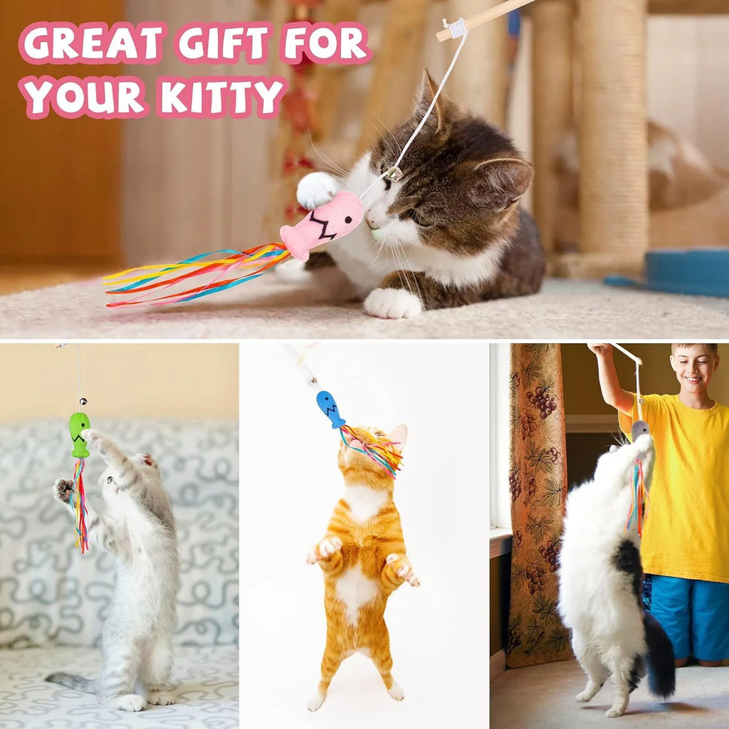 Interactive cat wand toy with wooden handle, colourful ribbons, catnip fish, and a bell.