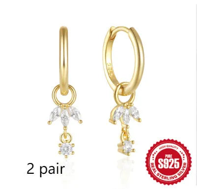 S925 sterling silver geometric sunflower earrings with golden three-diamond zircon stones