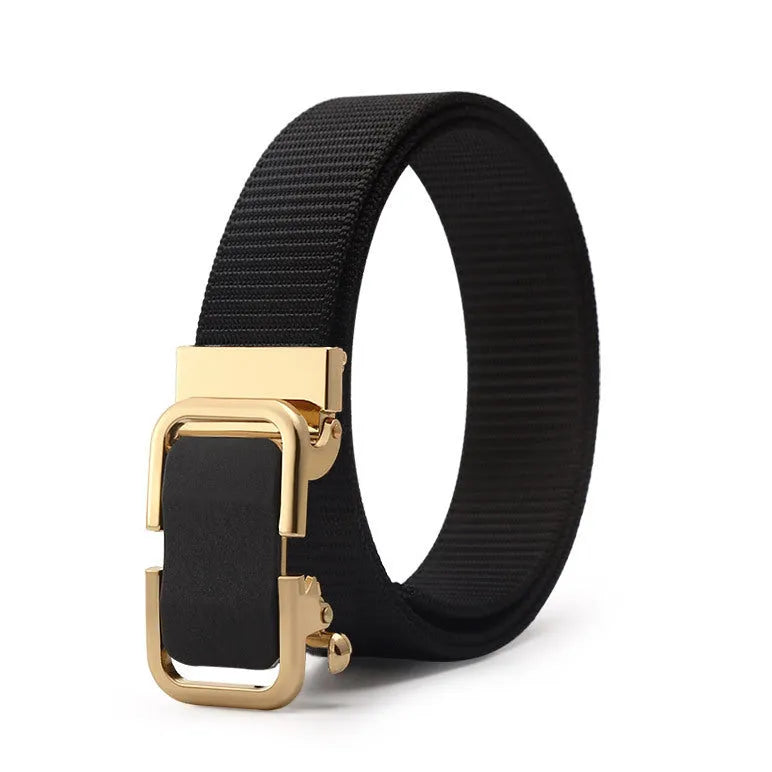 Men's nylon canvas belt in army green with an alloy buckle, laid flat showing 120cm length.