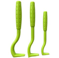 Three plastic tick removal hook tools for pet grooming in blue and green colours