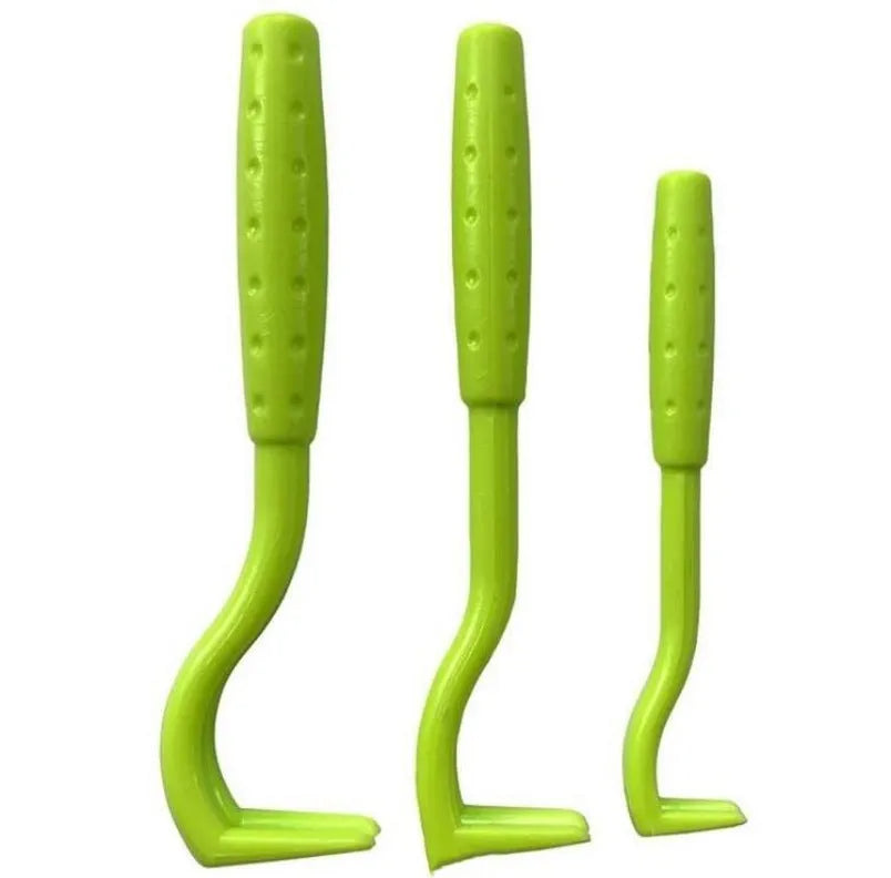 Three plastic tick removal hook tools for pet grooming in blue and green colours