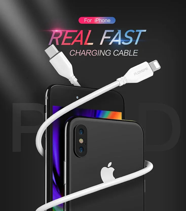 White braided USB-C to Lightning charging cable for Apple iPhone and iPad.