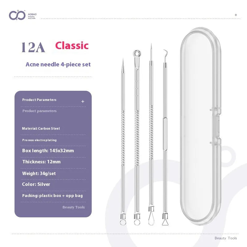 Four silver metal acne needles with pointed tips for skincare extraction.