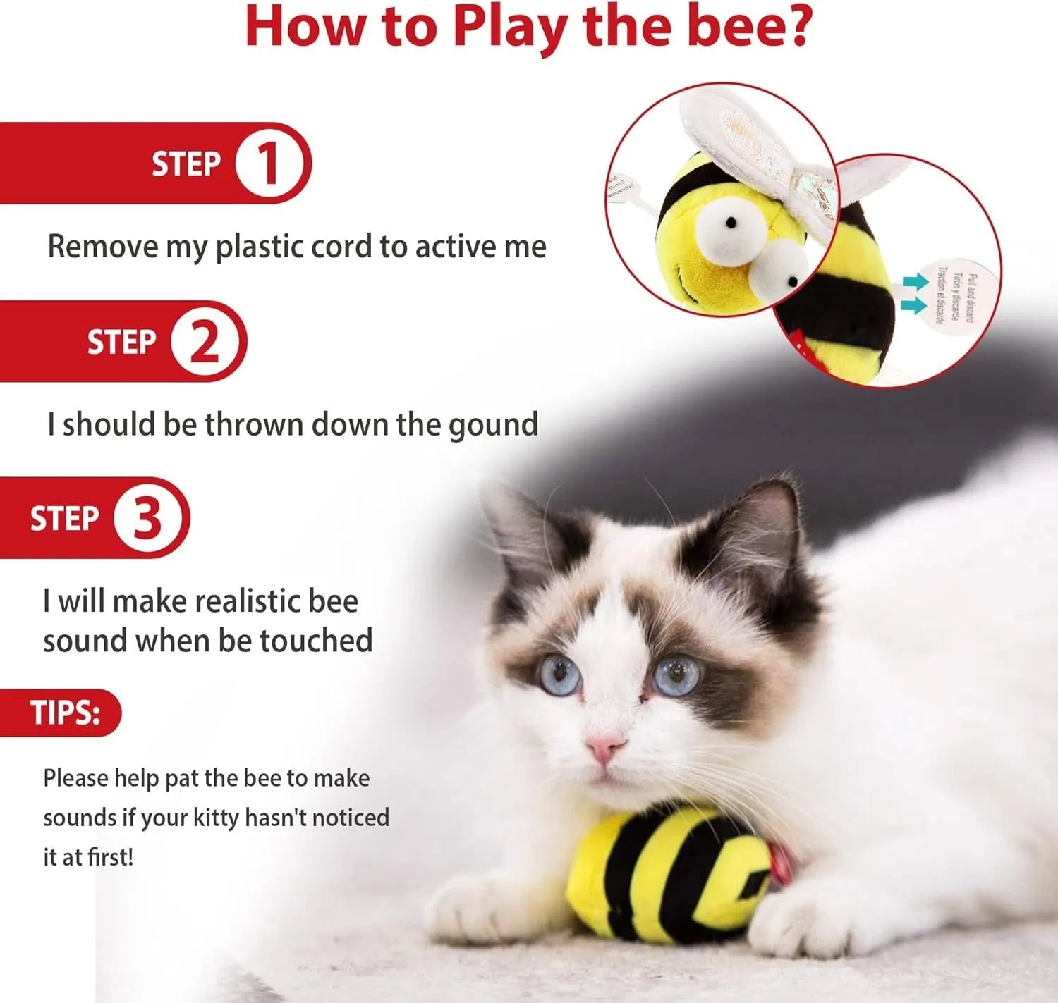 Yellow bee-shaped electronic cat toy with motion-activated squeaking sounds for interactive indoor play