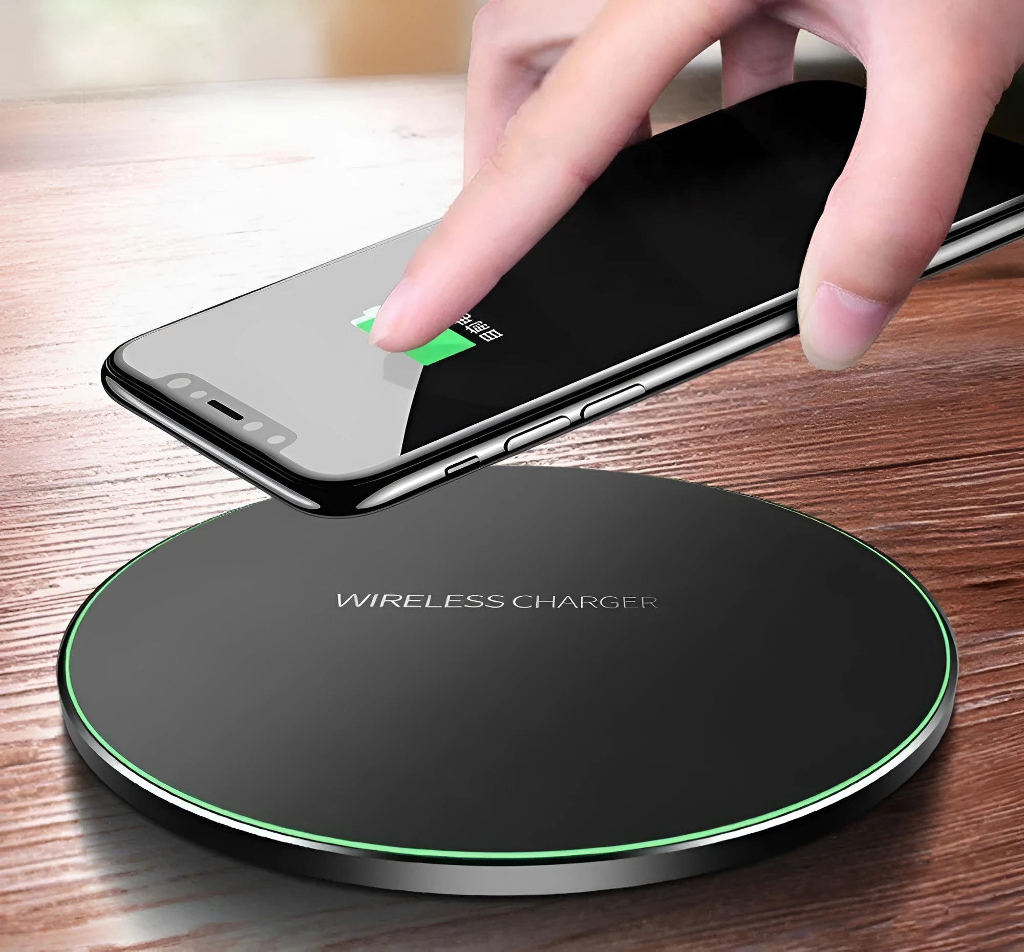 Black ultra-thin 98mm square wireless fast charging pad with USB cable for QI-enabled devices