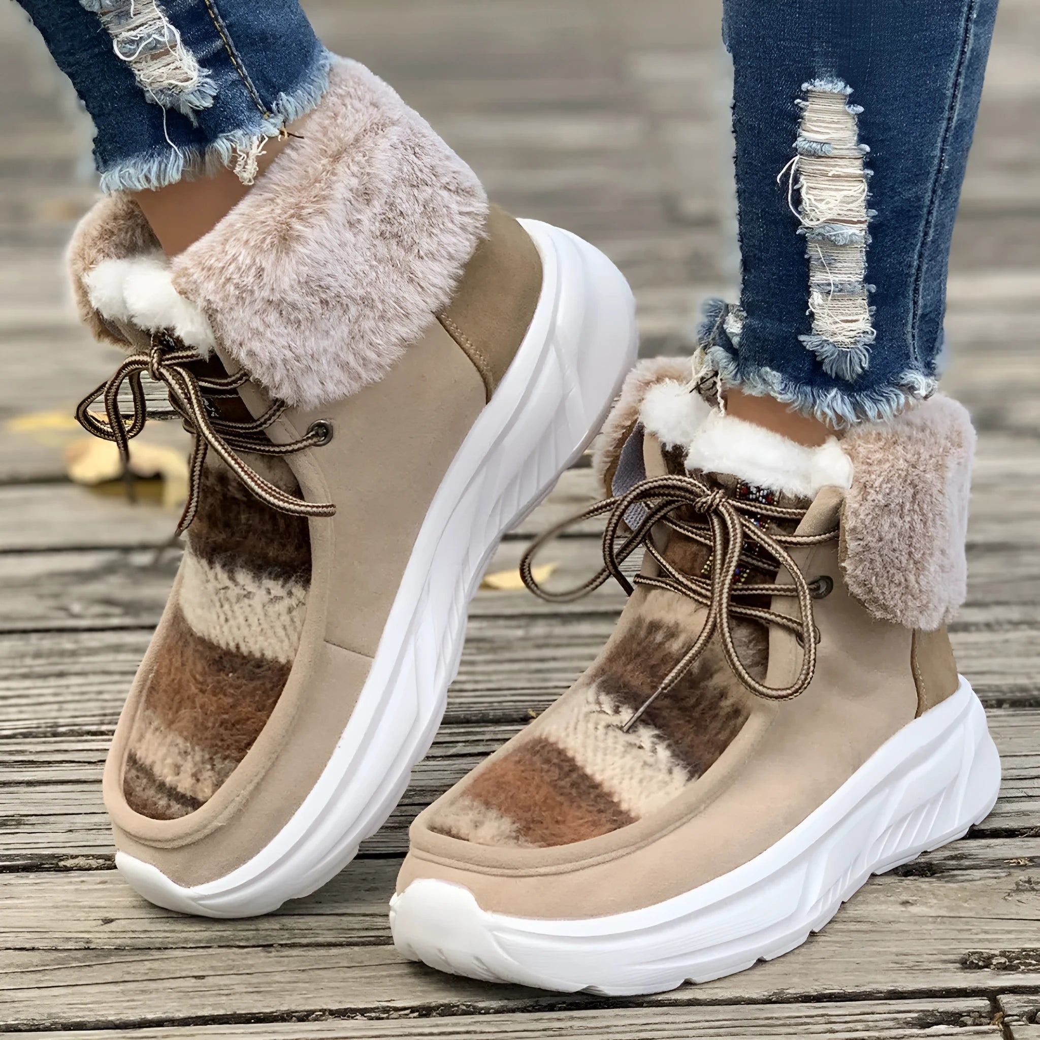 Women's beige lace-up suede snow boots with thermal lining and a thick rubber sole.