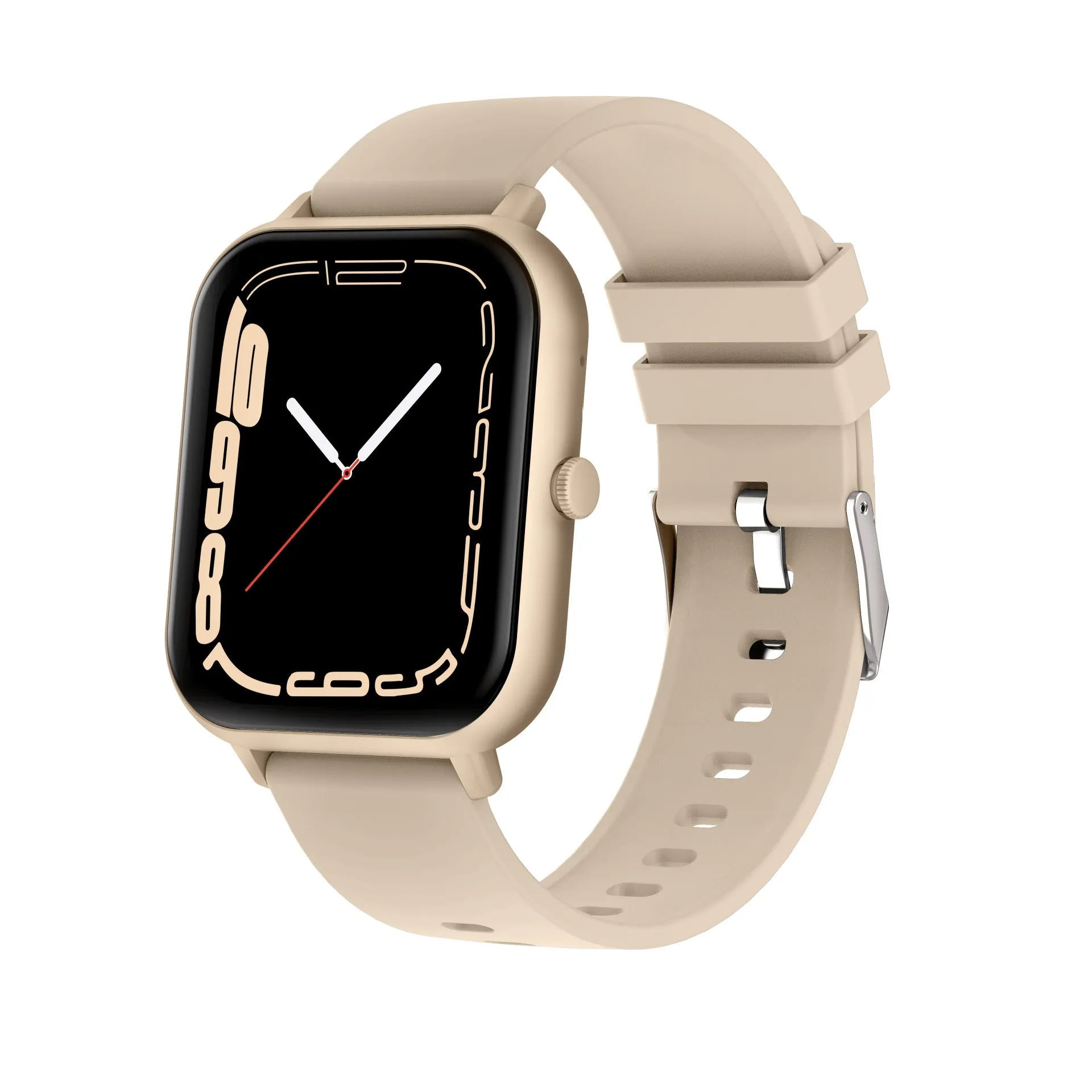 Bluetooth smart watch with heart rate monitor on wrist, shown in black, pink, silver grey, and khaki colour options.