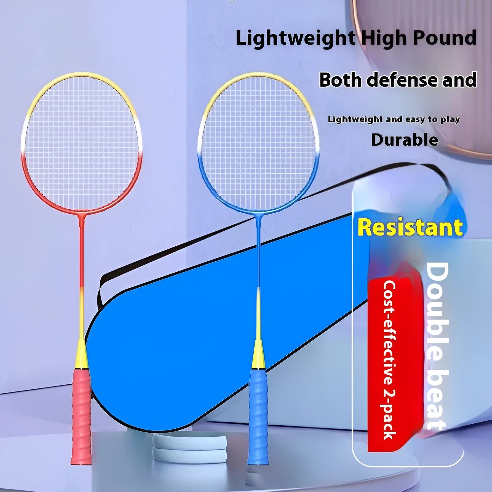 Blue and red alloy badminton rackets with split design showing separated and assembled states