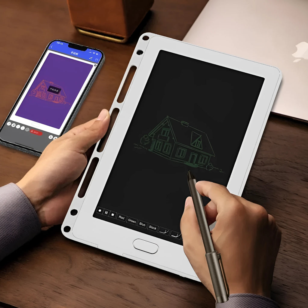 85-inch electronic writing pad with stitching detail, shown in dark blue with a smart pen.