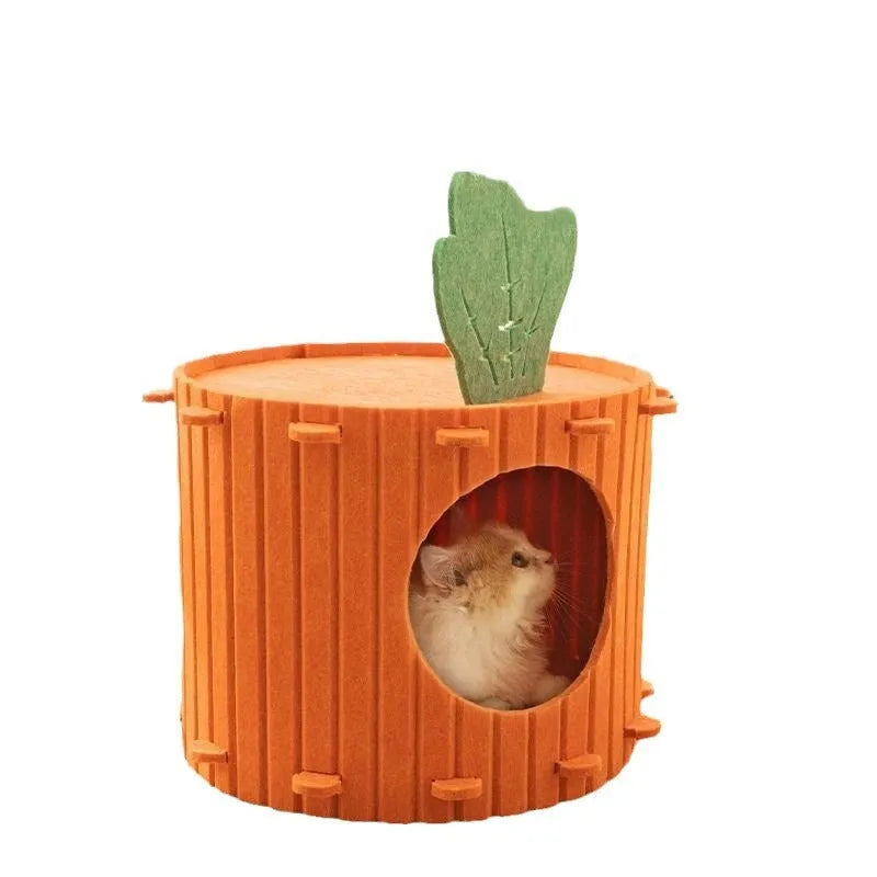 Orange carrot-shaped cat tunnel bed made of felt, showing its semi-enclosed design and entrance.