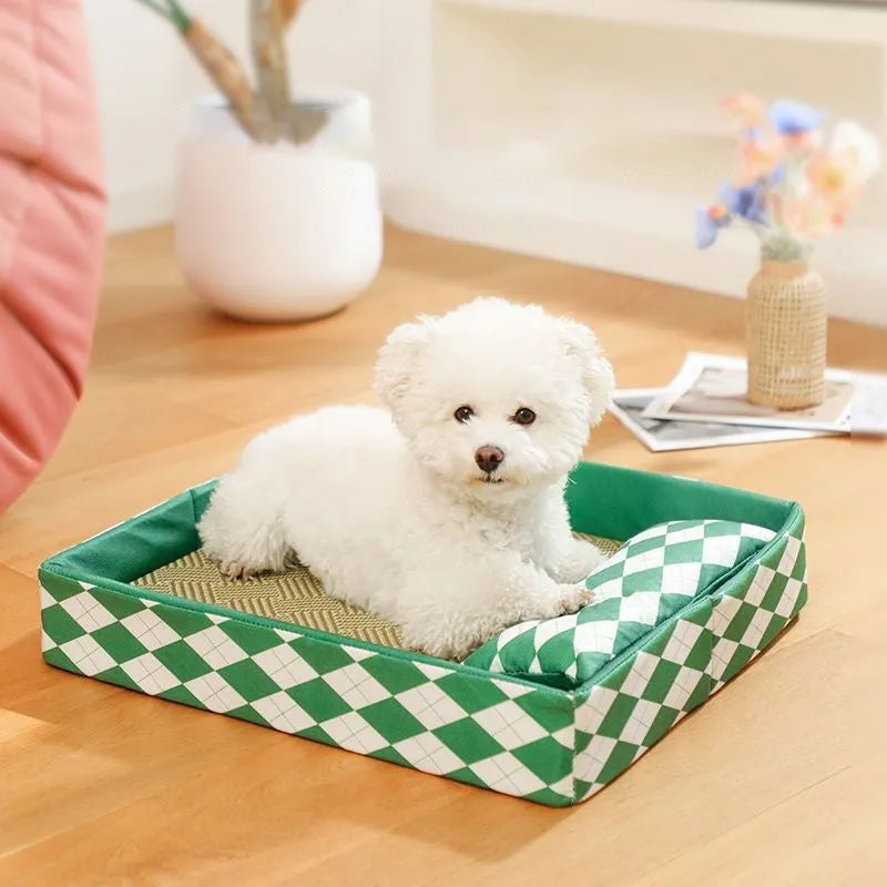Blue woven rattan cat litter mat and bed showing texture and size scale