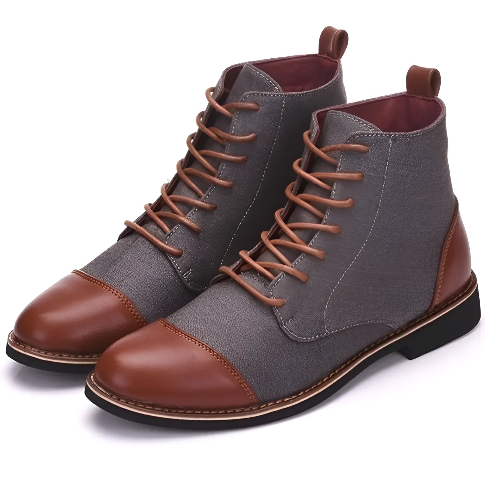 Men's black leather motorcycle boots with a belt buckle and thick rubber sole.
