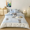 Cartoon Schnauzer dog pattern printed on a cotton bedding set showing quilt cover, sheet, and pillowcases