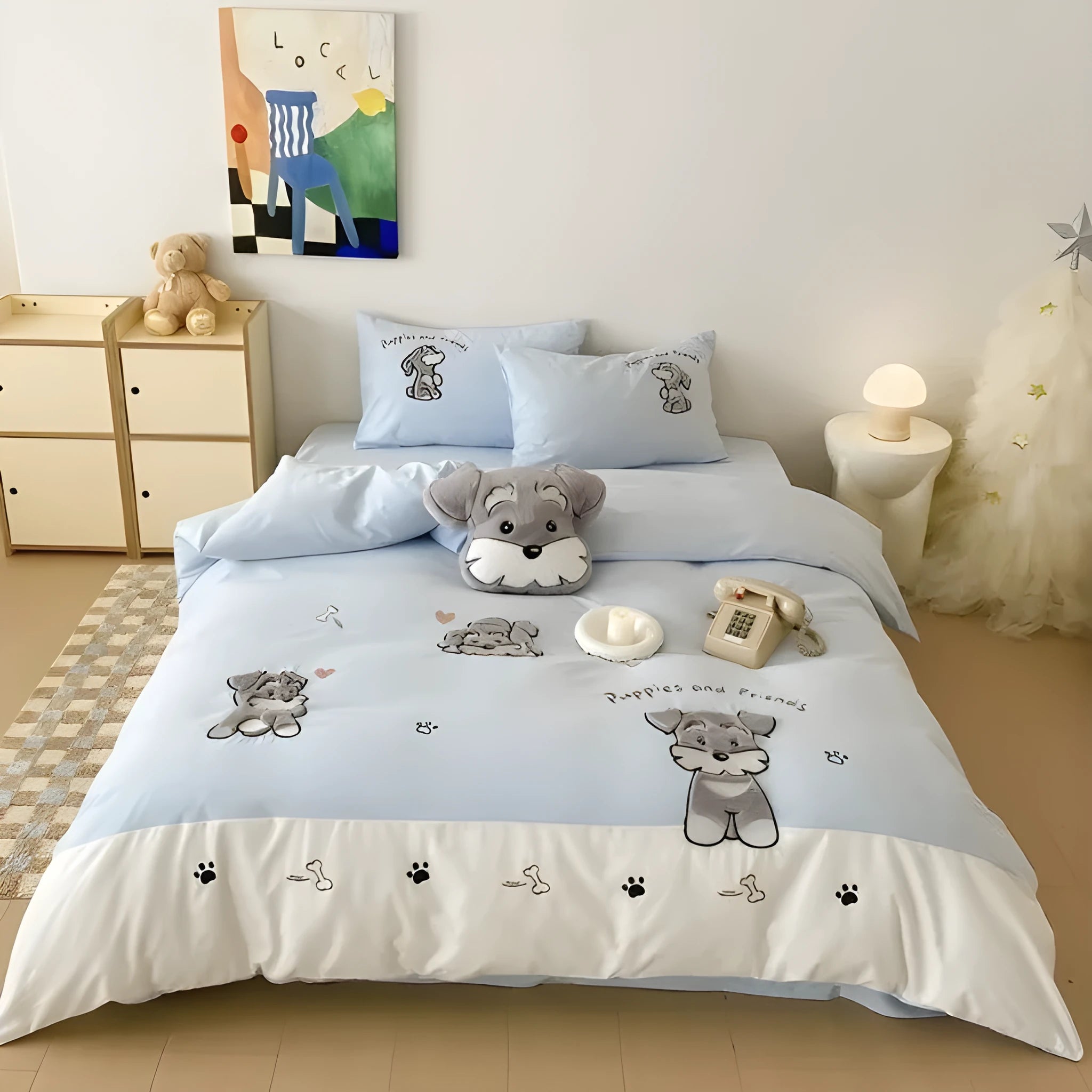 Cartoon Schnauzer dog pattern printed on a cotton bedding set showing quilt cover, sheet, and pillowcases