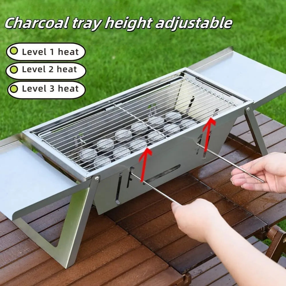 Small portable charcoal grill shown folded and unfolded for outdoor BBQ cooking
