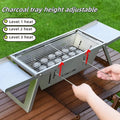 Small portable charcoal grill shown folded and unfolded for outdoor BBQ cooking