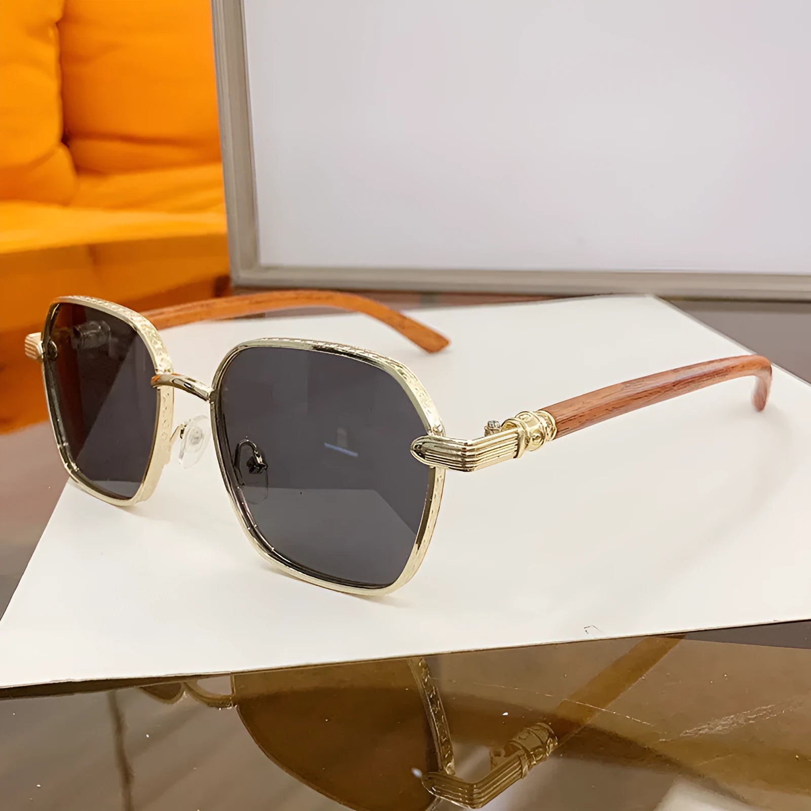 Frameless trim women's alloy frame glasses with wood grain effect in gold and blue colour option.