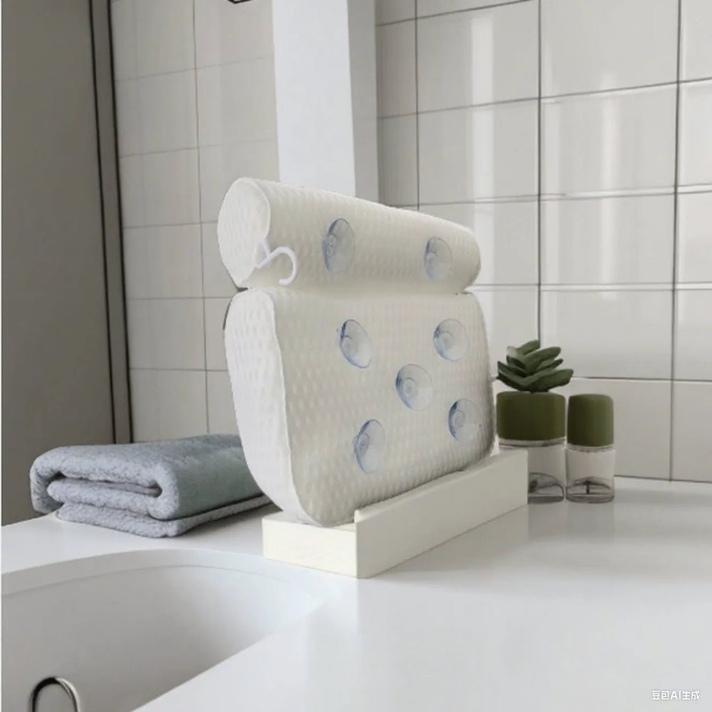 White 3D mesh bathtub pillow with seven suction cups showing dimensions 37x34x10cm