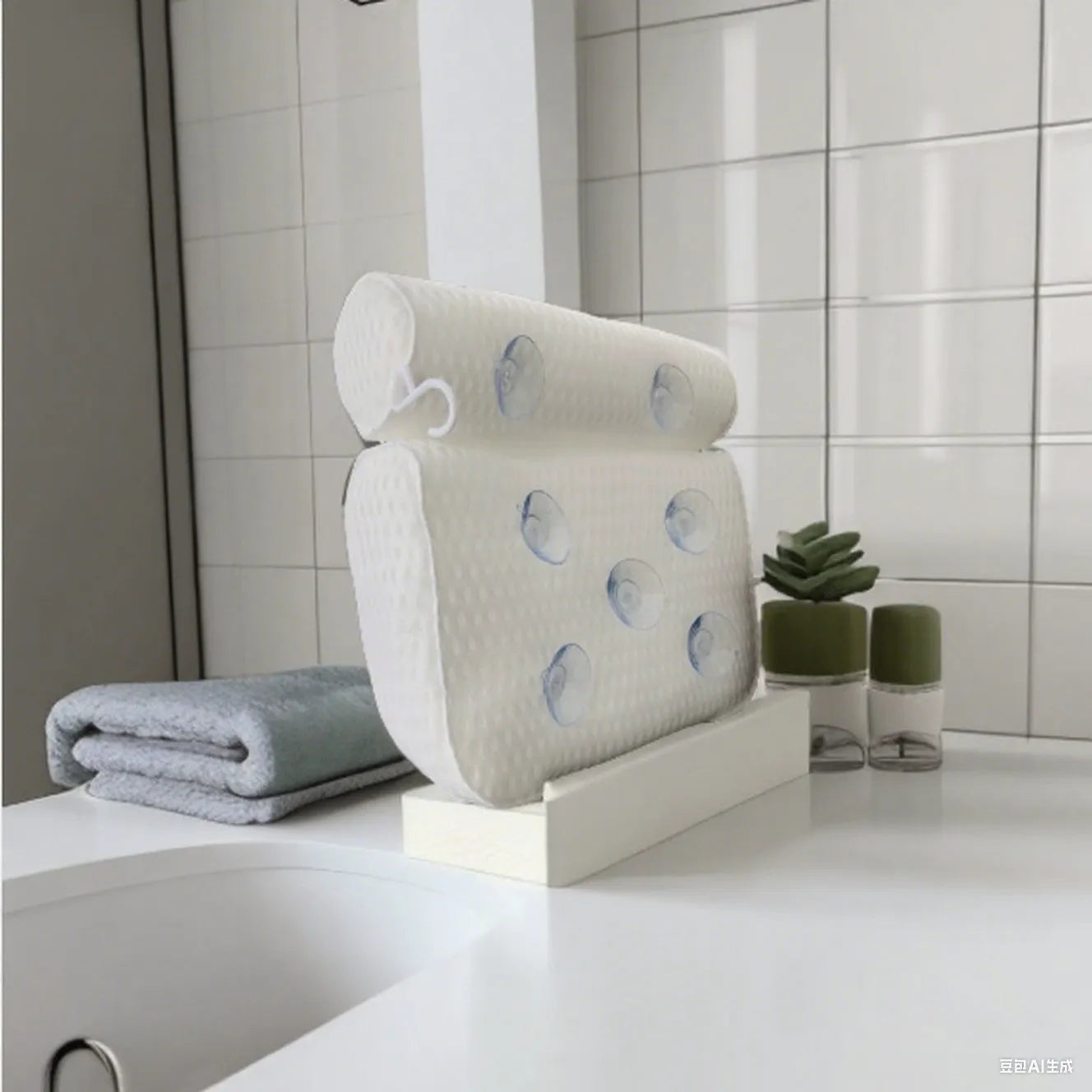 White 3D mesh bathtub pillow with seven suction cups showing dimensions 37x34x10cm