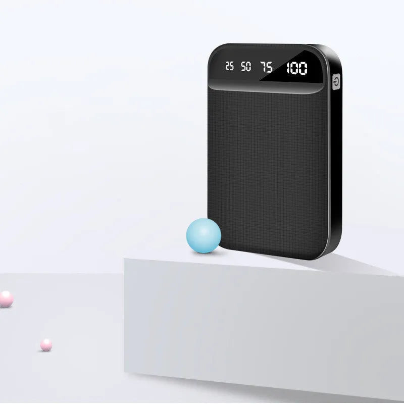 Compact mini power bank in choice of colours showing multi-USB port and small 93x63x22mm size.