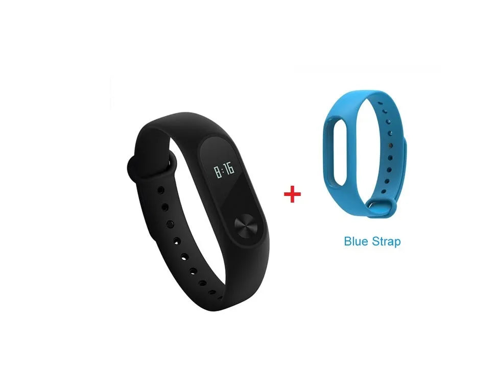 Xiaomi Mi Band 2 black smartband on wrist showing OLED display with heart rate and step count.