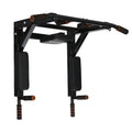 Black wall-mounted fitness frame with sandbag rack and parallel bars for pull-ups