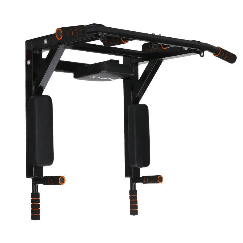 Black wall-mounted fitness frame with sandbag rack and parallel bars for pull-ups