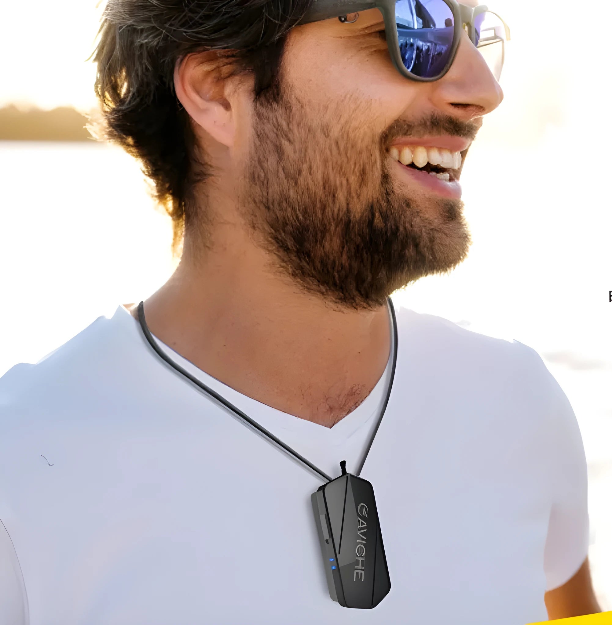 Black plastic wearable air purifier necklace device showing front view with dimensions.