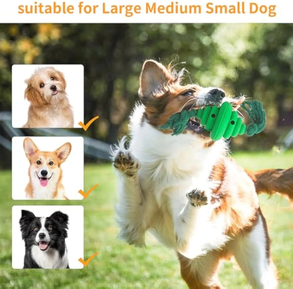 Green and yellow dog ball with knotted rope toy for large breed interactive play and treat dispensing