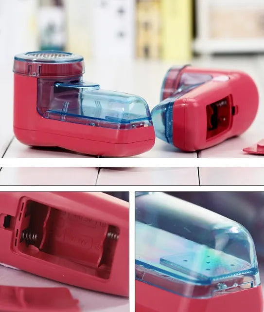 Blue portable electric lint remover for clothing, showing compact size next to a sweater.