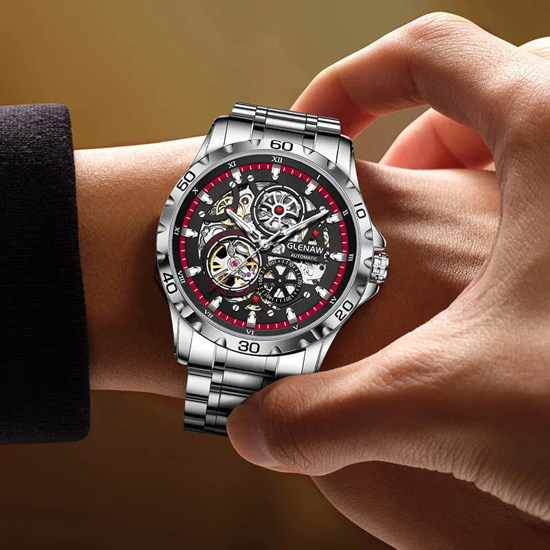 Men's automatic mechanical watch with hollow-out design showing movement through transparent back